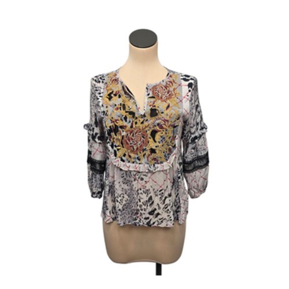 Anthropologie Blouse Womens XS Gray Animal Floral Embroidered Boho Peasant Top‎